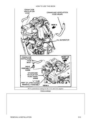 Page 517PCV system hose routing for the 2.3L and 2.5L engines
Click to enlarge
HOW TO USE THIS BOOK
REMOVAL & INSTALLATION 513 