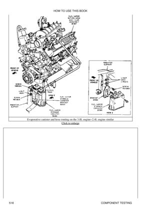 Page 522Evaporative canister and hose routing on the 3.0L engine-2.4L engine similar
Click to enlarge
HOW TO USE THIS BOOK
518 COMPONENT TESTING 