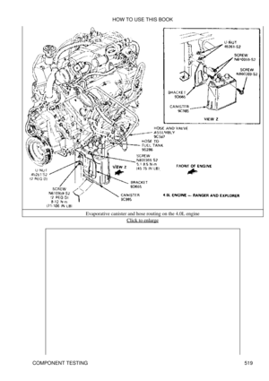 Page 523Evaporative canister and hose routing on the 4.0L engine
Click to enlarge
HOW TO USE THIS BOOK
COMPONENT TESTING 519 