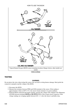 Page 542Typical Heated Oxygen (HO2S) sensor mounting locations-Ranger shown, other models are
similar
Click to enlarge
TESTING WARNING
Do not pierce the wires when testing this sensor; this can lead to wiring harness damage. Back probe the
connector to properly read the voltage of the HO2S.
Disconnect the HO2S.
1. 
Measure the resistance between PWR and GND terminals of the sensor. If the reading is
approximately 6 ohms at 68°F (1°C). the sensors heater element is in good condition.
2. 
With the HO2S connected...