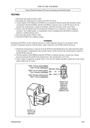Page 555Typical Throttle Position (TP) sensor mounting on the throttle body
TESTING Disconnect the negative battery cable.
1. 
Disengage the wiring harness connector from the TP sensor.
2. 
Using a Digital Volt-Ohmmeter (DVOM) set on ohmmeter function, probe the terminals, which
correspond to the Brown/White and the Gray/White connector wires, on the TP sensor. Do not
measure the wiring harness connector terminals, rather the terminals on the sensor itself.
3. 
Slowly rotate the throttle shaft and monitor the...
