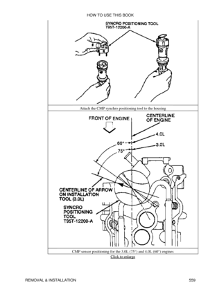 Page 563Attach the CMP synchro positioning tool to the housing
CMP sensor positioning for the 3.0L (75°) and 4.0L (60°) engines Click to enlarge
HOW TO USE THIS BOOK
REMOVAL & INSTALLATION 559 