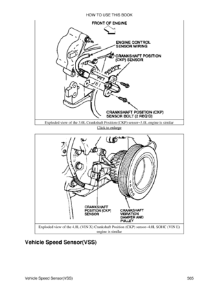 Page 569Exploded view of the 3.0L Crankshaft Position (CKP) sensor-5.0L engine is similar
Click to enlarge
Exploded view of the 4.0L (VIN X) Crankshaft Position (CKP) sensor-4.0L SOHC (VIN E) engine is similar
Vehicle Speed Sensor(VSS) HOW TO USE THIS BOOK
Vehicle Speed Sensor(VSS) 565 