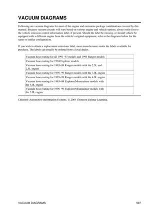 Page 600
VACUUM DIAGRAMS
Following are vacuum diagrams for most of the engine and emissions package combinations covered by this
manual. Because vacuum circuits will vary based on various engine and vehicle options, always refer first to
the vehicle emission control information label, if present. Should the label be missing, or should vehicle be
equipped with a different engine from the vehicles original equipment, refer to the diagrams below for the
same or similar configuration.
If you wish to obtain a...