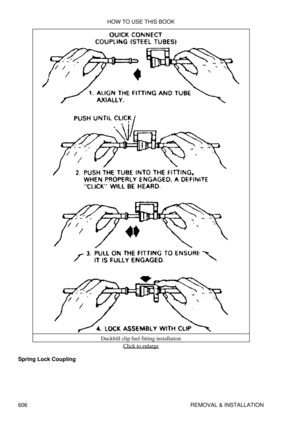 Page 606Duckbill clip fuel fitting installation
Click to enlarge
Spring Lock Coupling HOW TO USE THIS BOOK
606 REMOVAL & INSTALLATION 