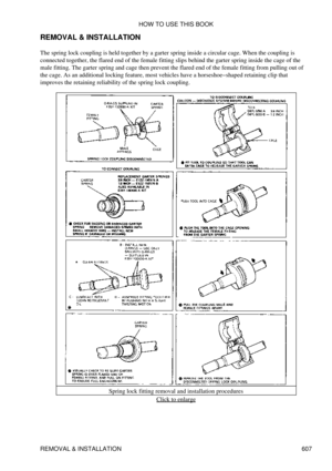 Page 607
REMOVAL & INSTALLATION
The spring lock coupling is held together by a garter spring inside a circular cage. When the coupling is
connected together, the flared end of the female fitting slips behind the garter spring inside the cage of the
male fitting. The garter spring and cage then prevent the flared end of the female fitting from pulling out of
the cage. As an additional locking feature, most vehicles have a horseshoe-shaped retaining clip that
improves the retaining reliability of the spring lock...