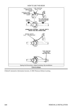 Page 608Spring lock horseshoe-shaped retaining clip installation
Click to enlarge
Chilton® Automotive Information Systems. © 2004 Thomson Delmar Learning. HOW TO USE THIS BOOK
608 REMOVAL & INSTALLATION 