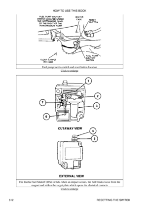 Page 612Fuel pump inertia switch and reset button location
Click to enlarge
The Inertia Fuel Shutoff (IFS) switch-when an impact occurs, the ball breaks loose from the magnet and strikes the target plate which opens the electrical contacts
Click to enlarge
HOW TO USE THIS BOOK
612 RESETTING THE SWITCH 