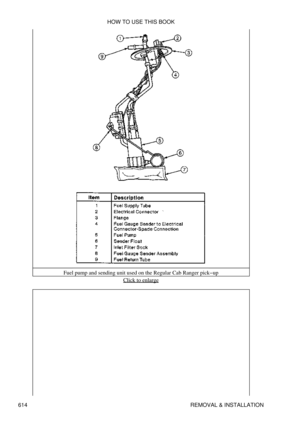 Page 614Fuel pump and sending unit used on the Regular Cab Ranger pick-up
Click to enlarge
HOW TO USE THIS BOOK
614 REMOVAL & INSTALLATION 