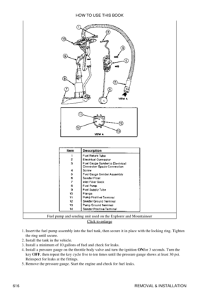 Page 616Fuel pump and sending unit used on the Explorer and Mountaineer
Click to enlarge
Insert the fuel pump assembly into the fuel tank, then secure it in place with the locking ring. Tighten
the ring until secure.
1. 
Install the tank in the vehicle.
2. 
Install a minimum of 10 gallons of fuel and check for leaks.
3. 
Install a pressure gauge on the throttle body valve and turn the ignition ONfor 3 seconds. Turn the
key OFF, then repeat the key cycle five to ten times until the pressure gauge shows at least...