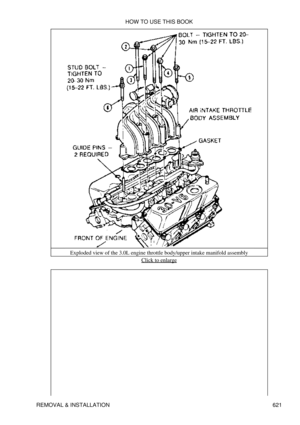 Page 621Exploded view of the 3.0L engine throttle body/upper intake manifold assembly
Click to enlarge
HOW TO USE THIS BOOK
REMOVAL & INSTALLATION 621 