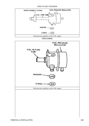 Page 635Fuel pressure regulator on the 2.9L engine
Click to enlarge
Fuel pressure regulator on the 4.0L engine HOW TO USE THIS BOOK
REMOVAL & INSTALLATION 635 