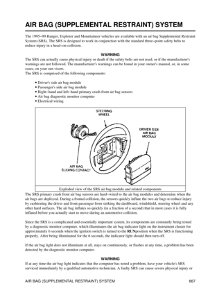 Page 664
AIR BAG (SUPPLEMENTAL RESTRAINT) SYSTEM
The 1995-99 Ranger, Explorer and Mountaineer vehicles are available with an air bag Supplemental Restraint
System (SRS). The SRS is designed to work in conjunction with the standard three-point safety belts to
reduce injury in a head-on collision.
WARNING
The SRS can actually cause physical injury or death if the safety belts are not used, or if the manufacturers
warnings are not followed. The manufacturers warnings can be found in your owners manual, or, in some...