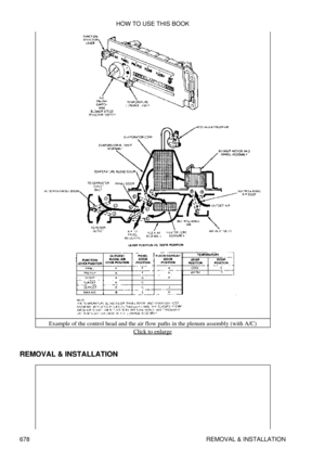 Page 675Example of the control head and the air flow paths in the plenum assembly (with A/C)
Click to enlarge
REMOVAL & INSTALLATION HOW TO USE THIS BOOK
678 REMOVAL & INSTALLATION 