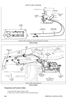 Page 679Control cable connections at the head and the air plenum
Click to enlarge
Control cable routing diagram Click to enlarge
Temperature and Function Cables Disconnect the negative battery cable.
1. 
Remove the control assembly from the instrument panel.
2.  HOW TO USE THIS BOOK
682 REMOVAL & INSTALLATION 