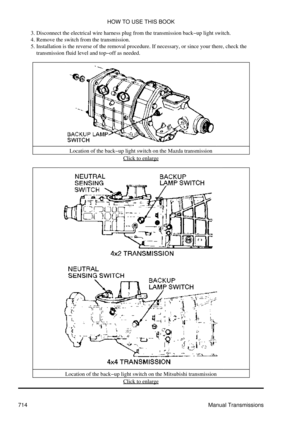 Page 710Disconnect the electrical wire harness plug from the transmission back-up light switch.
3. 
Remove the switch from the transmission.
4. 
Installation is the reverse of the removal procedure. If necessary, or since your there, check the
transmission fluid level and top-off as needed.
5. 
Location of the back-up light switch on the Mazda transmission Click to enlarge
Location of the back-up light switch on the Mitsubishi transmission Click to enlarge
HOW TO USE THIS BOOK
714 Manual Transmissions 