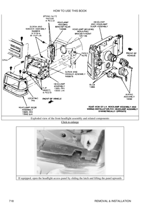 Page 712Exploded view of the front headlight assembly and related components
Click to enlarge
If equipped, open the headlight access panel by sliding the latch and lifting the panel upwards HOW TO USE THIS BOOK
718 REMOVAL & INSTALLATION 