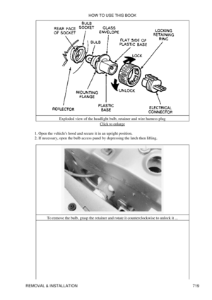 Page 713Exploded view of the headlight bulb, retainer and wire harness plug
Click to enlarge
Open the vehicles hood and secure it in an upright position.
1. 
If necessary, open the bulb access panel by depressing the latch then lifting.
2. 
To remove the bulb, grasp the retainer and rotate it counterclockwise to unlock it ... HOW TO USE THIS BOOK
REMOVAL & INSTALLATION 719 