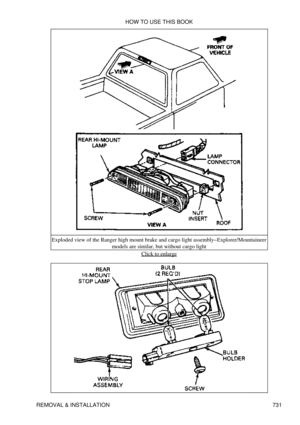 Page 725Exploded view of the Ranger high mount brake and cargo light assembly-Explorer/Mountaineer
models are similar, but without cargo light
Click to enlarge
HOW TO USE THIS BOOK
REMOVAL & INSTALLATION 731 