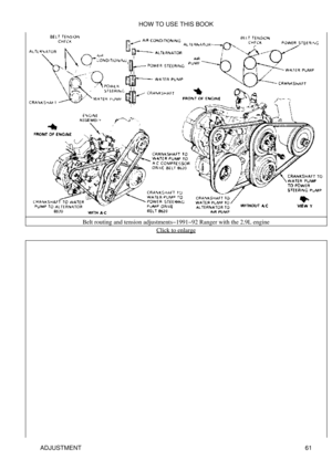 Page 75Belt routing and tension adjustments-1991-92 Ranger with the 2.9L engine
Click to enlarge
HOW TO USE THIS BOOK
ADJUSTMENT 61 