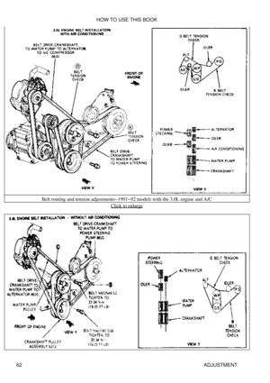 Page 76Belt routing and tension adjustments-1991-92 models with the 3.0L engine and A/C
Click to enlarge
HOW TO USE THIS BOOK
62 ADJUSTMENT 