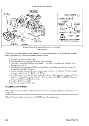 Page 789Exploded view of the manual shift transfer case controls
Click to enlarge
The following procedure should be used, if a partial or incomplete engagement of the transfer case shift lever
detent is experienced or if the control assembly requires removal.
Disconnect the negative battery cable.
1. 
Raise the shift boot to expose the top surface of the cam plates.
2. 
Loosen the 1 large and 1 small bolt, approximately 1 turn. Move the transfer case shift lever to the
4Lposition (lever down).
3. 
Move the cam...