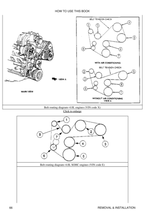 Page 80Belt routing diagram-4.0L engines (VIN code X)
Click to enlarge
Belt routing diagram-4.0L SOHC engines (VIN code E) HOW TO USE THIS BOOK
66 REMOVAL & INSTALLATION 
