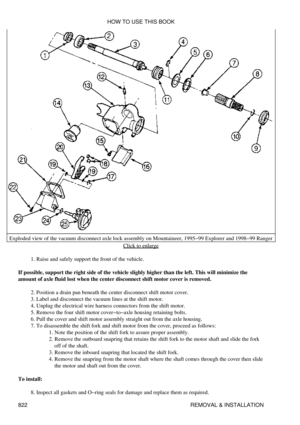 Page 810
Exploded view of the vacuum disconnect axle lock assembly on Mountaineer, 1995-99 Explorer and 1998-99 Ranger
Click to enlarge
Raise and safely support the front of the vehicle.
1. 
If possible, support the right side of the vehicle slighly higher than the left. This will minimize the
amount of axle fluid lost when the center disconnect shift motor cover is removed.
Position a drain pan beneath the center disconnect shift motor cover.
2. 
Label and disconnect the vacuum lines at the shift motor.
3....