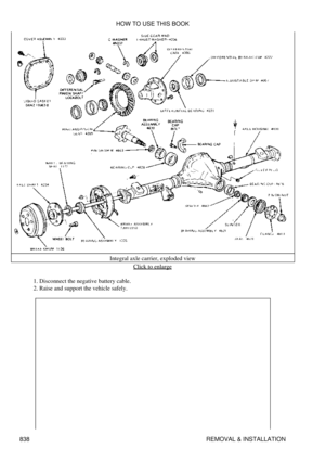 Page 825Integral axle carrier, exploded view
Click to enlarge
Disconnect the negative battery cable.
1. 
Raise and support the vehicle safely.
2.  HOW TO USE THIS BOOK
838 REMOVAL & INSTALLATION 