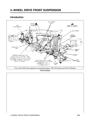 Page 841
2-WHEEL DRIVE FRONT SUSPENSION
Introduction
View of the 2WD front suspension-except Mountaineer, 1995-99 Explorer and 1992-99 Ranger Click to enlarge
2-WHEEL DRIVE FRONT SUSPENSION 855 