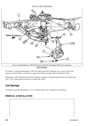 Page 842View of the Mountaineer, 1995-99 Explorer and 1992-99 Ranger 2WD front suspension
Click to enlarge
All vehicles, except the Mountaineer, 1995-99 Explorer and 1992-99 Ranger, use a twin I-beam front
suspension which utilizes coil springs to support the vehicle and radius rods to locate the I-beam.
Mountaineer, 1995-99 Explorer and 1992-99 Ranger models use unequal length control arms (Short/Long
Arm - SLA) which utilize torsion bars to support the vehicle.
Coil Springs
All models except the Mountaineer,...