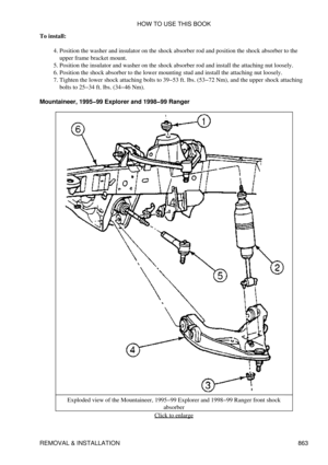 Page 849
To install:
Position the washer and insulator on the shock absorber rod and position the shock absorber to the
upper frame bracket mount.
4. 
Position the insulator and washer on the shock absorber rod and install the attaching nut loosely.
5. 
Position the shock absorber to the lower mounting stud and install the attaching nut loosely.
6. 
Tighten the lower shock attaching bolts to 39-53 ft. lbs. (53-72 Nm), and the upper shock attaching
bolts to 25-34 ft. lbs. (34-46 Nm).
7. 
Mountaineer, 1995-99...