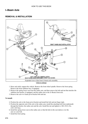 Page 862
I-Beam Axle
REMOVAL & INSTALLATION
Exploded view of the front I-beam axle assemblyClick to enlarge
Raise and safely support the vehicle. Remove the front wheel spindle. Remove the front spring.
Remove the front stabilizer bar, if equipped.
1. 
Remove the spring lower seat from the radius arm, and then remove the bolt and nut that attaches the
stabilizer bar bracket, if equipped, and the radius arm to the (I-Beam) front axle.
2. 
Remove the axle-to-frame pivot bracket bolt and nut.
3. 
To install:...