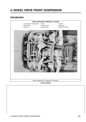 Page 876
4-WHEEL DRIVE FRONT SUSPENSION
Introduction
Front Suspension Component LocationsClick to enlarge
4-WHEEL DRIVE FRONT SUSPENSION 891 