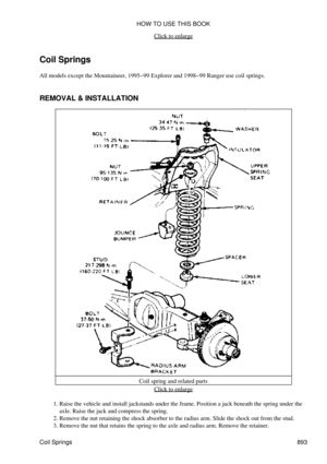 Page 878Click to enlarge
Coil Springs
All models except the Mountaineer, 1995-99 Explorer and 1998-99 Ranger use coil springs.
REMOVAL & INSTALLATION
Coil spring and related partsClick to enlarge
Raise the vehicle and install jackstands under the frame. Position a jack beneath the spring under the
axle. Raise the jack and compress the spring.
1. 
Remove the nut retaining the shock absorber to the radius arm. Slide the shock out from the stud.
2. 
Remove the nut that retains the spring to the axle and radius arm....