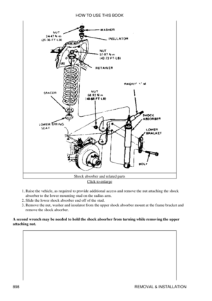 Page 883Shock absorber and related parts
Click to enlarge
Raise the vehicle, as required to provide additional access and remove the nut attaching the shock
absorber to the lower mounting stud on the radius arm.
1. 
Slide the lower shock absorber end off of the stud.
2. 
Remove the nut, washer and insulator from the upper shock absorber mount at the frame bracket and
remove the shock absorber.
3. 
A second wrench may be needed to hold the shock absorber from turning while removing the upper
attaching nut. HOW TO...