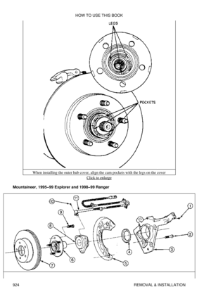 Page 909When installing the outer hub cover, align the cam pockets with the legs on the cover
Click to enlarge
Mountaineer, 1995-99 Explorer and 1998-99 Ranger HOW TO USE THIS BOOK
924 REMOVAL & INSTALLATION 