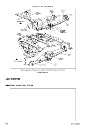 Page 914Rear suspension-Ranger (top); Explorer & Mountaineer (bottom)
Click to enlarge
Leaf Springs
REMOVAL & INSTALLATION HOW TO USE THIS BOOK
930 Introduction 