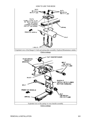 Page 915Exploded view of the Ranger U-bolt and spring plate assembly-Explorer/Mountaineer similar
Click to enlarge
Exploded view of the spring-to-rear shackle assembly Click to enlarge
HOW TO USE THIS BOOK
REMOVAL & INSTALLATION 931 