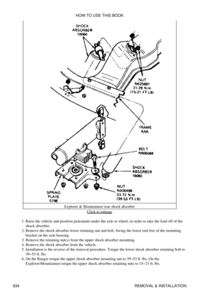 Page 918Explorer & Mountaineer rear shock absorber
Click to enlarge
Raise the vehicle and position jackstands under the axle or wheel, in order to take the load off of the
shock absorber.
1. 
Remove the shock absorber lower retaining nut and bolt. Swing the lower end free of the mounting
bracket on the axle housing.
2. 
Remove the retaining nut(s) from the upper shock absorber mounting.
3. 
Remove the shock absorber from the vehicle.
4. 
Installation is the reverse of the removal procedure. Torque the lower...