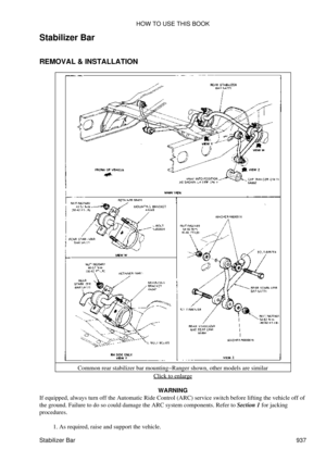 Page 921
Stabilizer Bar
REMOVAL & INSTALLATION
Common rear stabilizer bar mounting-Ranger shown, other models are similar Click to enlarge
WARNING
If equipped, always turn off the Automatic Ride Control (ARC) service switch before lifting the vehicle off of
the ground. Failure to do so could damage the ARC system components. Refer to Section 1 for jacking
procedures.
As required, raise and support the vehicle.
1.  HOW TO USE THIS BOOK
Stabilizer Bar 937 