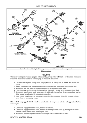 Page 933Exploded view of the typical steering column assemblies and related components
Click to enlarge
CAUTION
Whenever working on a vehicle equipped with an air bag, always refer to Section 6 for disarming procedures.
Follow the procedures outlined or severe injury, or even death may occur.
Disconnect the negative battery cable. If equipped with an airbag, refer to Section 6 to disable the
system.
1. 
Set the parking brake. If equipped with automatic transmission position the selector lever in N.
2. 
Remove...