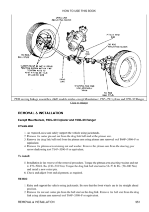 Page 935
2WD steering linkage assemblies, 4WD models similar-except Mountaineer, 1995-99 Explorer and 1998-99 Ranger
Click to enlarge
REMOVAL & INSTALLATION
Except Mountaineer, 1995-99 Explorer and 1998-99 Ranger
PITMAN ARM
As required, raise and safely support the vehicle using jackstands.
1. 
Remove the cotter pin and nut from the drag link ball stud at the pitman arm.
2. 
Remove the drag link ball stud from the pitman arm using pitman arm removal tool T64P-3590-F or
equivalent.
3. 
Remove the pitman arm...