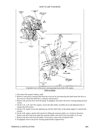 Page 949Exploded view of the power steering pump used on the 4.0L engine
Click to enlarge
Disconnect the negative battery cable.
1. 
Remove some power steering fluid from the reservoir by disconnecting the fluid return line hose at
the reservoir. Drain the fluid into a container and discard it.
2. 
Remove the pressure hose from the pump. If equipped, disconnect the power steering pump pressure
switch.
3. 
On the 2.3L, 2.5L and 3.0L engines, loosen the idler pulley assembly pivot and adjusting bolts to
slacken...