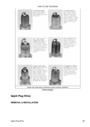 Page 99Inspect the spark plug to determine engine running conditions
Click to enlarge
Spark Plug Wires
REMOVAL & INSTALLATION HOW TO USE THIS BOOK
Spark Plug Wires 85 