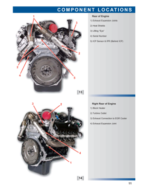 Page 1213
14
Right Rear of Engine
1) Block Heater
2) Turbine Outlet
3) Exhaust Connection to EGR Cooler
4) Exhaust Expansion Joint 1) Exhaust Expansion Joints
2) Heat Shields
3) Lifting “Eye”
4) Serial Number
5) ICP Sensor & IPR (Behind ICP)
Rear of Engine
COMPONENT LOCATIONS
11
1
2
2
3
4
1 3
2
5
4 