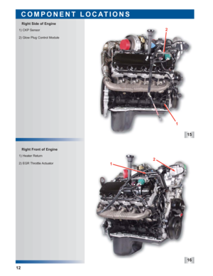 Page 1315
16
1) Heater Return
2) EGR Throttle Actuator 1) CKP Sensor
2) Glow Plug Control Module
Right Front of Engine Right Side of Engine
COMPONENT LOCATIONS
12
12
1 2 