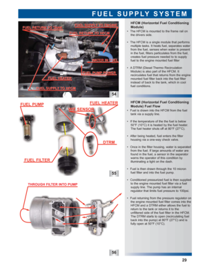 Page 3054
55
 • Fuel is drawn into the HFCM from the fuel
tank via a supply line.
 • If the temperature of the the fuel is below
50°F (10°C) it is heated by the fuel heater.
The fuel heater shuts off at 80°F (27°C).
 • After being heated, fuel enters the filter
housing via a one-way check valve.
 • Once in the filter housing, water is separated
from the fuel. If large amounts of water are
found in the fuel, a sensor in the separator
warns the operator of this condition by 
illuminating a light on the dash.
 •...
