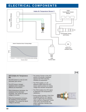 Page 61IAT2 (Intake Air Temperature
#2)
ELECTRICAL COMPONENTS
11 4
 • The primary function of the IAT2
sensor is to provide a feedback 
signal to the PCM indicating 
manifold air temperature.
 • The PCM supplies a 5 volt 
reference signal which the IAT2
sensor uses to produce an analog
voltage that indicates temperature.
 • The PCM monitors the IAT2 signal
to determine if the temperature is
satisfactory.
 • During engine operation, if the PCM
recognizes that the IAT2 signal is
lower or higher than the expected...