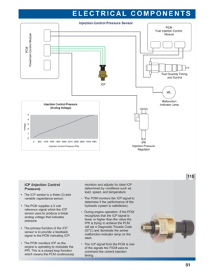 Page 62ICP (Injection Control
Pressure)
ELECTRICAL COMPONENTS
11 5
61
monitors and adjusts for ideal ICP
determined by conditions such as
load, speed, and temperature.
 • The PCM monitors the ICP signal to
determine if the performance of the
hydraulic system is satisfactory.
 • During engine operation, if the PCM
recognizes that the ICP signal is
lower or higher than the value the
IPR is trying to achieve the PCM
will set a Diagnostic Trouble Code
(DTC) and illuminate the amber
malfunction indicator lamp on...